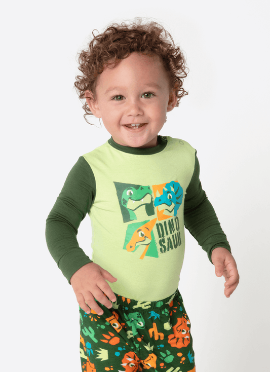 Body Pijama Manga Longa Viscolycra Bebê Menino Dino Trio