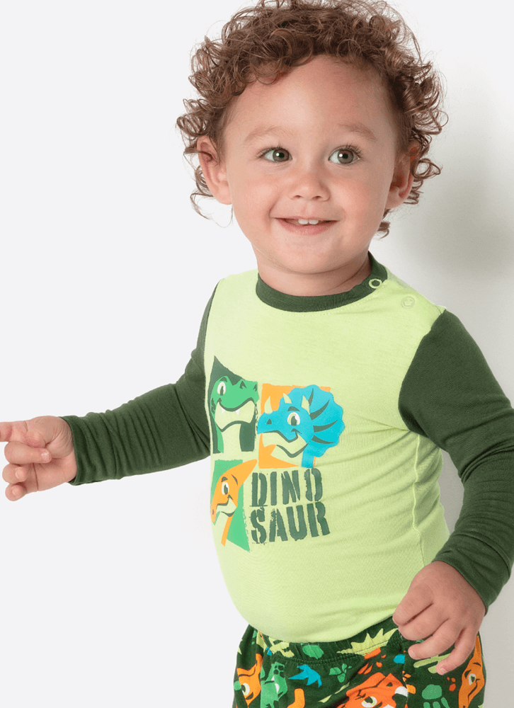 Body Pijama Manga Longa Viscolycra Bebê Menino Dino Trio