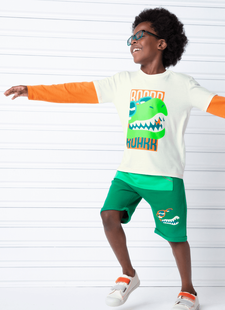 Camiseta Infantil Manga Longa Algodão Dino Surf