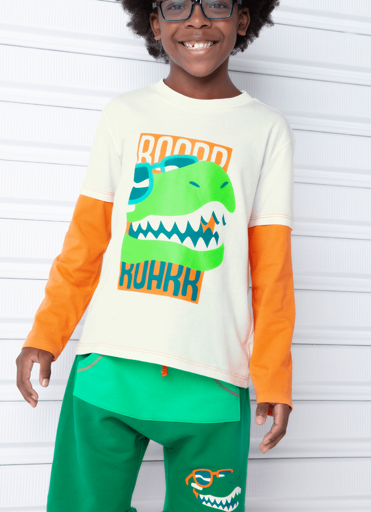 Camiseta Infantil Manga Longa Algodão Dino Surf