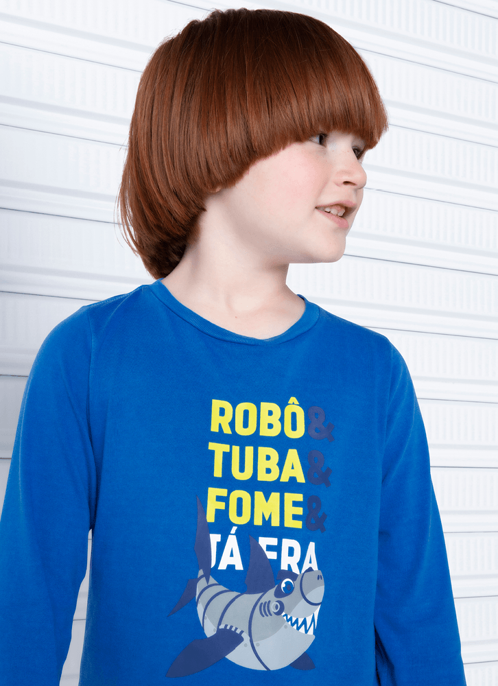 Camiseta Infantil Manga Longa Algodão Tubarão Robô