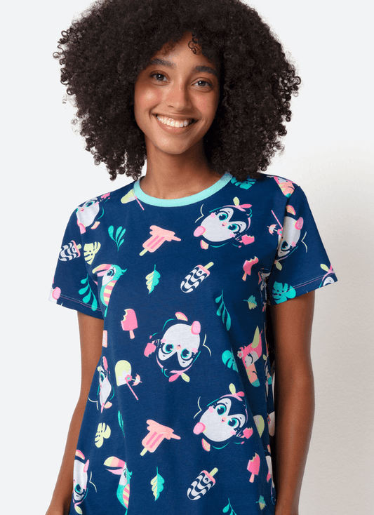 Camisola Manga Curta Algodão Feminina Pinguim