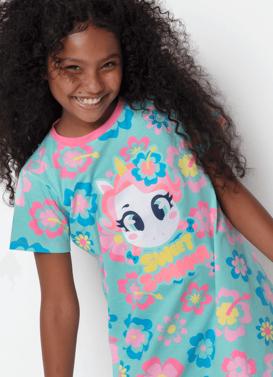 Camisola Manga Curta Algodão Menina Teen Unicórnio Aloha