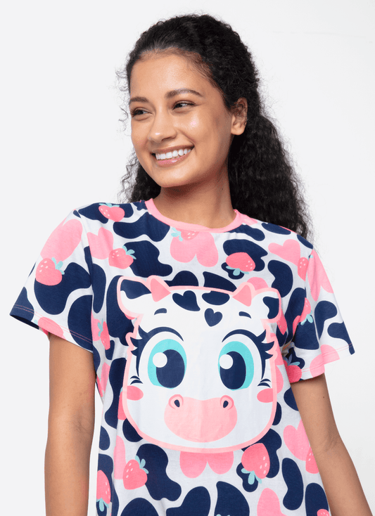 Camisola Manga Curta Algodão Feminino Vaca Romântica