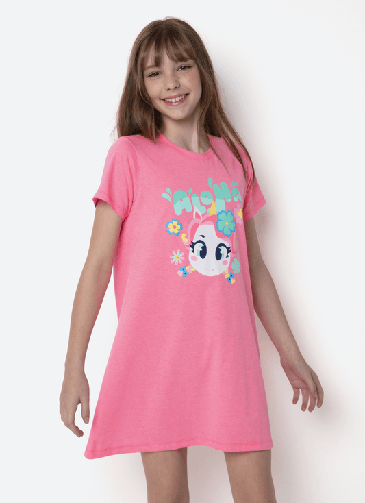 Camisola Manga Curta Algodão Menina Teen Estampada Unicórnio Aloha