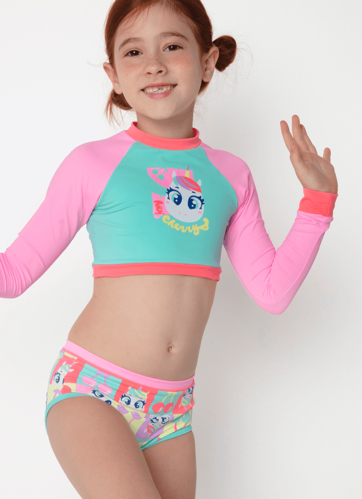 Conjunto Cropped e Calcinha Menina Com Proteção Solar Unicórnio Cherry