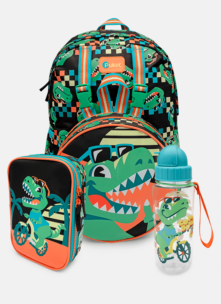 Kit Mochila Costas com Lancheira, Estojo e Garrafa Dino Miami