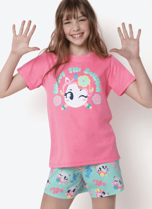 Pijama Manga Curta Menina Teen Unicórnio Aloha