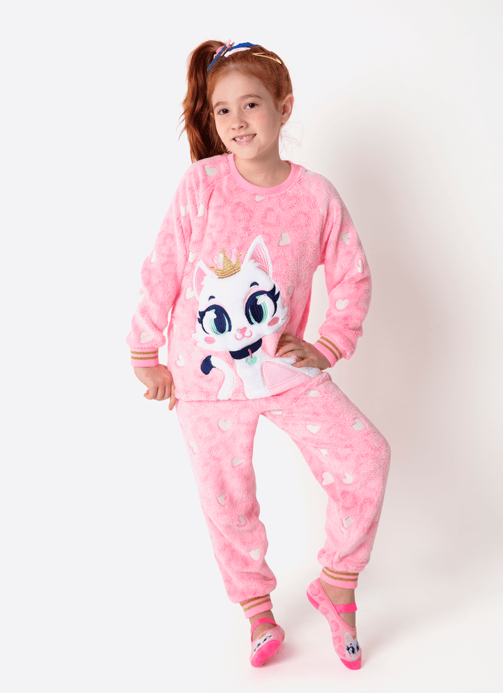 Pijama Manga Longa Soft Menina Gata Romântica