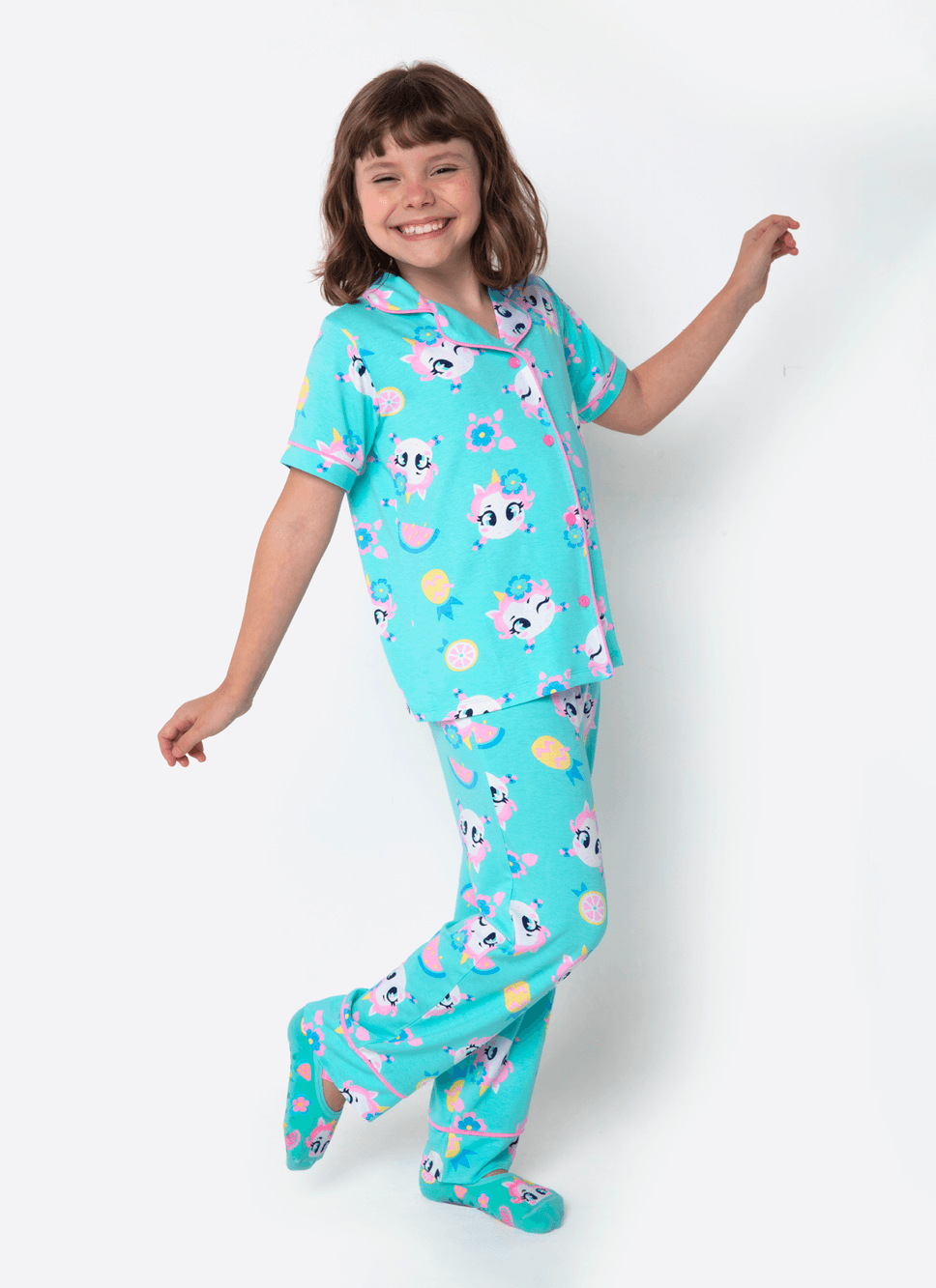 Pijama Manga Curta Viscolycra Estampado Menina Unicórnio Aloha