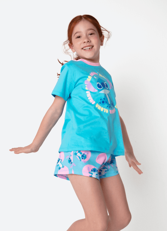 Pijama Manga Curta Algodão Menina Stitch