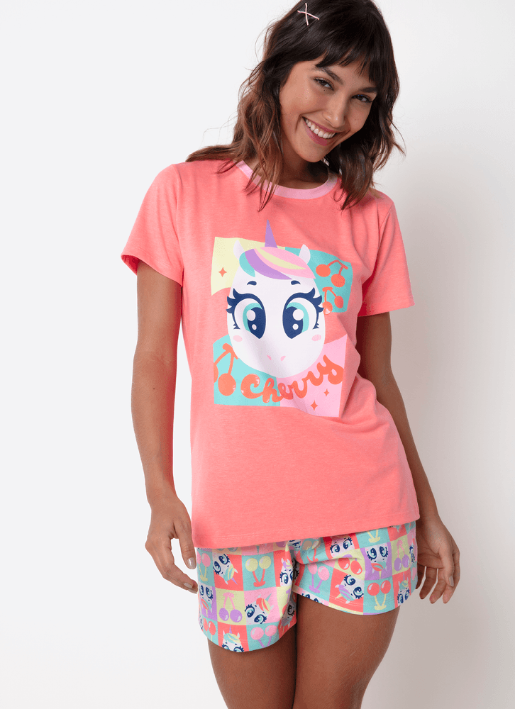 Pijama Manga Curta Algodão Feminino Unicórnio Cherry