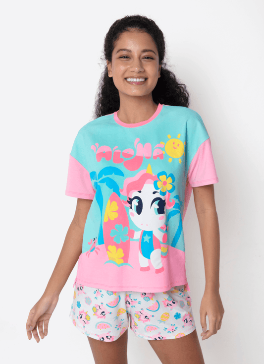 Pijama Manga Curta Viscolycra Feminino Estampado Unicórnio Aloha