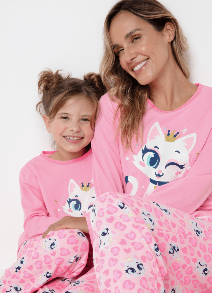 Pijama Manga Longa Algodão Feminino Gata Romântica