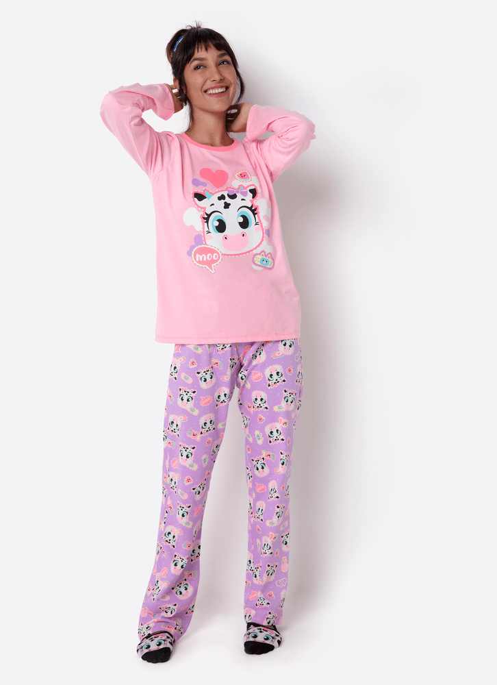 Pijama Manga Longa Algodão Feminino Vaca Patches