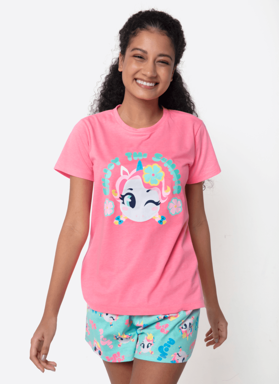 Pijama Manga Curta Feminino Unicórnio Aloha