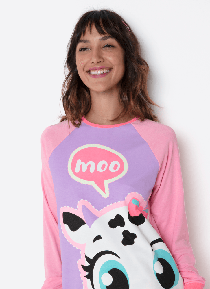 Pijama Manga Longa Viscolycra Feminino Vaca Patches