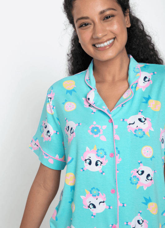 Pijama Manga Curta Viscolycra Adulto Feminino Unicórnio Aloha