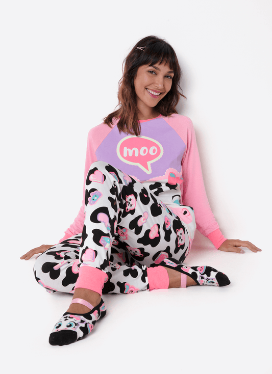 Pijama Manga Longa Viscolycra Feminino Vaca Patches