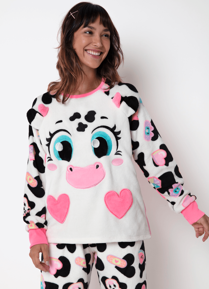 Pijama Manga Longa Soft Feminino Vaca Patches