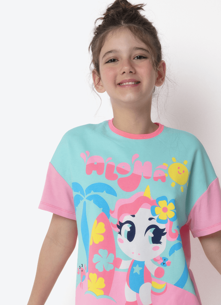 Pijama Manga Curta Viscolycra Estampado Menina Teen Unicórnio Aloha