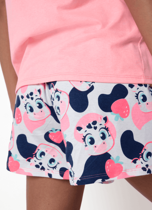 Pijama Manga Curta Algodão Feminino Vaca Romântica