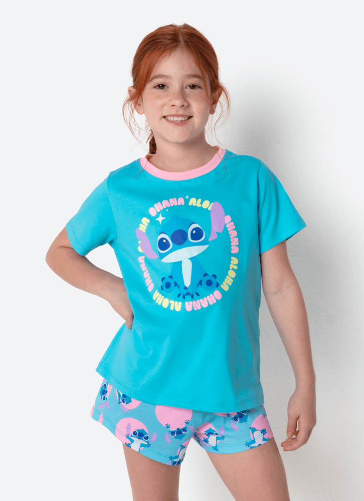 Pijama Manga Curta Algodão Menina Stitch