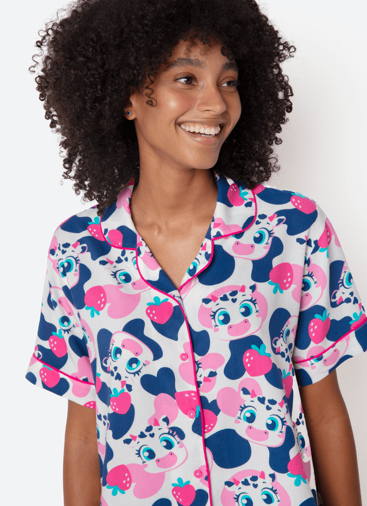 Pijama Manga Curta Viscose Feminino Vaca Romântica