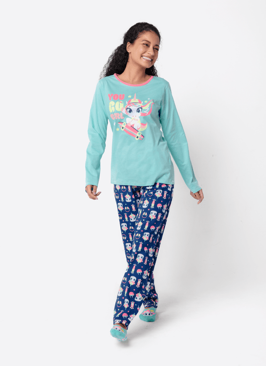 Pijama Manga Longa Algodão Feminino Unicórnio Skate