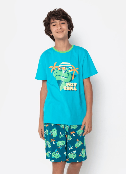 Pijama Manga Curta Algodão Menino Teen Dino Miami