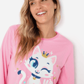 Pijama Manga Longa Algodão Feminino Gata Romântica