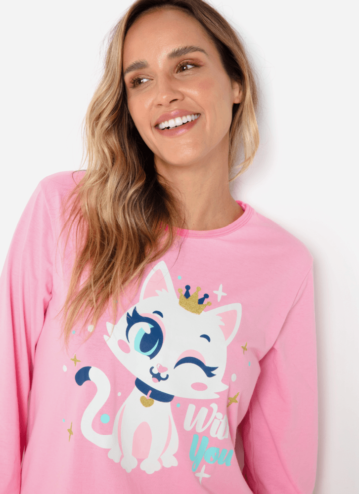 Pijama Manga Longa Algodão Feminino Gata Romântica