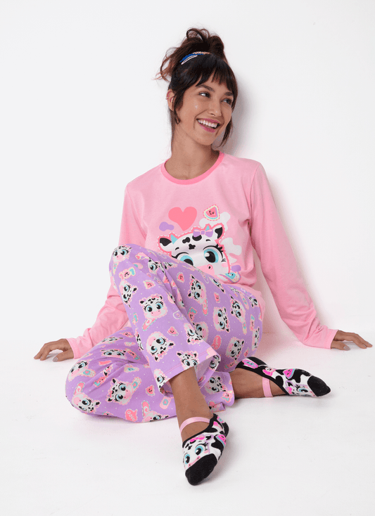 Pijama Manga Longa Algodão Feminino Vaca Patches