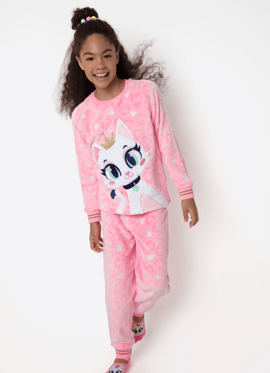 Pijama Manga Longa Soft Menina Teen Gata Romântica